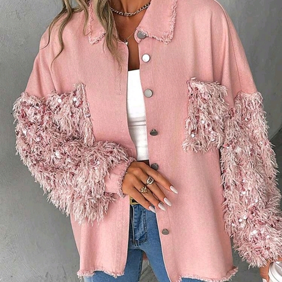 Spring & Fall Turn-Down Collar Contrast Sequin Raw Hem Button Front Shacket - Picture 3 of 6